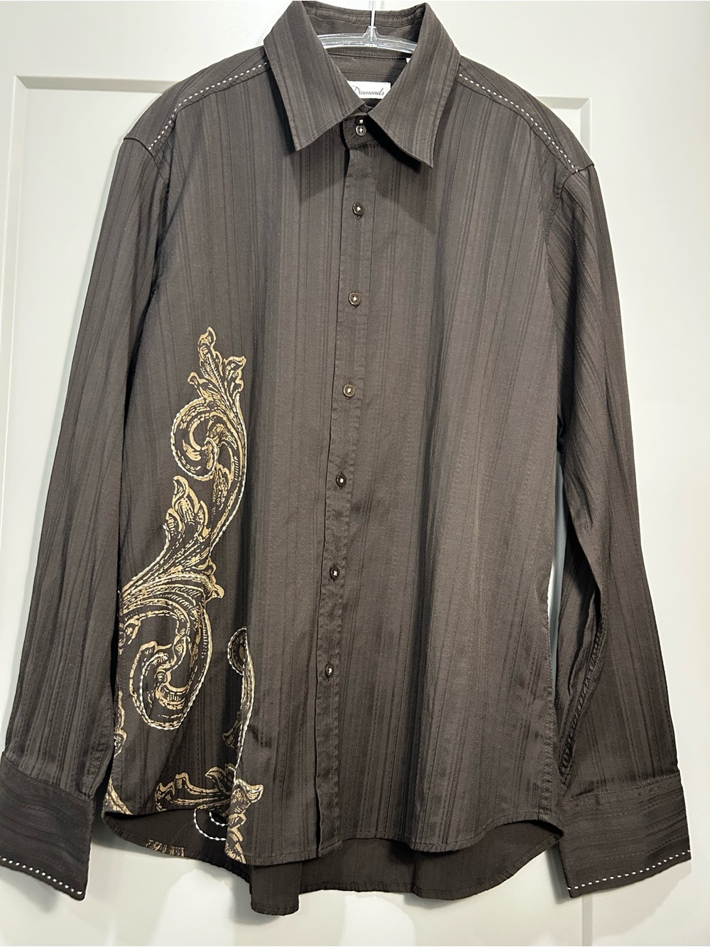 7 Diamonds | Button-Down Shirt with Scroll Detail | Men’s | Dark Brown | XL |Y2K